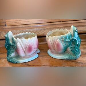 Vintage Set of Frog and Water Lily Ceramic Planters